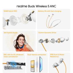 Realme Buds Wireless 5 ANC in Ear Bluetooth Headphones Dual Device Connection Silver image 4