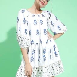 Oxolloxo White & Blue Floral Print A Line Dress-image-98