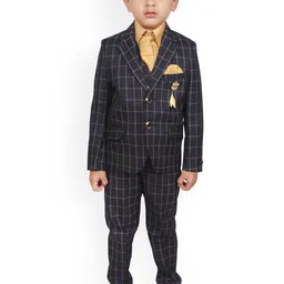 SG YUVRAJ Boys Navy Blue & Gold-Toned Checked Single-Breasted Suit-image-27