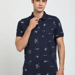 Turtle Navy Knitted Slim Fit Printed Polo T-Shirt-image-54