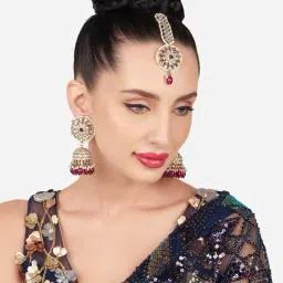 Zaveri Pearls Purple Beads Drop Dazzling Kundan Jhumki Earring & Maangtikka set-ZPFK16152-image-9