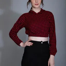 LERIYA FASHION Women Red & Black Houndstooth Hooded Top-picture-27