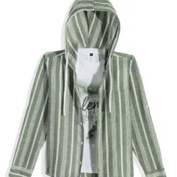 Cavio Boys Green Cotton Striped Shirt with T-Shirt-image-2