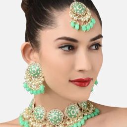 Zaveri Pearls Green Meenakari Traditional Choker Necklace Earring Maangtikka Set-ZPFK11606-44