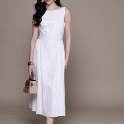 MANGO Solid Boat Neck Sleeveless Drop-Waist Midi Dress-picture-37