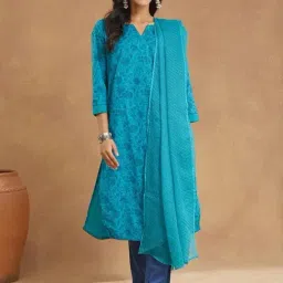 Fabindia Blue Cotton Regular Fit Printed Kurta With Dupatta-picture-8