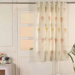 Peepul Tree Beige & Mustard Pure Cotton Marigold Collection Sheer Curtains - Set of 2-89