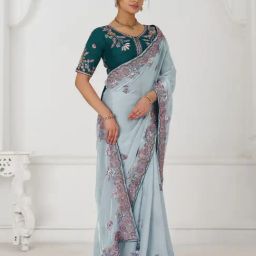 Odette Blue Silk Viscose Embroidered Saree-picture-21