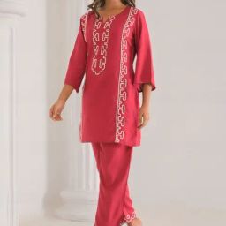 Autumnlane Red Kara Embroidered Comfort Fit Co-ord Set-image-31