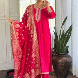KALINI Women Woven Design Embroidered Kurta with Trousers & Dupatta-23