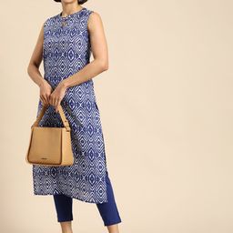 Anouk Women Blue & White Printed Pure Cotton Kurta with Trousers-picture-47