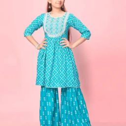 Aarika Kids Turquoise Embroidered Kurti with Sharara-image-31
