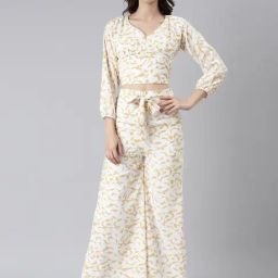 SHOWOFF White & Yellow Georgette Printed Crop Top With Pants-image-80