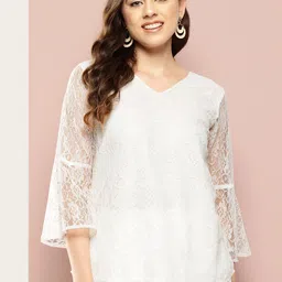Qurvii Floral Bell Sleeves Longline Top With Lace Inserts-7
