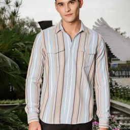 Thomas Scott Sky Blue Cotton Slim Fit Striped Shirt-picture-4