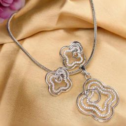 Saraf RS Jewellery White Rhodium AD studded Floral design Pendant Earrings set with chain-image-57