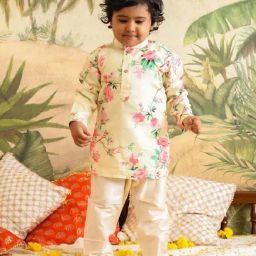 VASTRAMAY Boys Yellow Floral Full Sleeves Kurta Sets-image-12