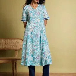 Taneira Light Blue Cotton Regular Fit Floral Print Kurtas-image-66