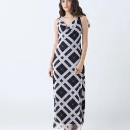 Wardrobe by Westside Black Checks Cowl Neck A-Line Dress-picture-29