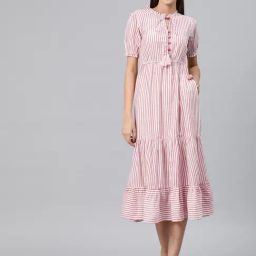 Cottinfab Pink & White Cotton Striped Midi Dress-image-7
