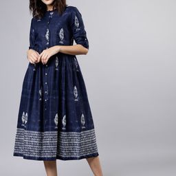 Vishudh Women Navy Blue & White Dyed A-Line Dress-image-80