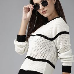 Roadster Women White & Black Striped Pullover-picture-57