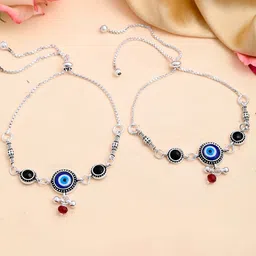 VOJ Silver-Plated Stainless Steel Evil Eye Beaded Adjustable Anklet-14