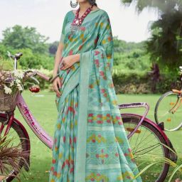 Satrani Turquoise Printed Saree With Unstitched Blouse-picture-44