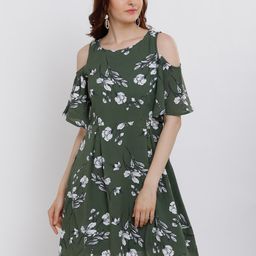 Tokyo Talkies Women Olive Green Printed Fit and Flare Dress-image-72