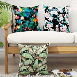 Bianca Suzane Black & Green Micro Fiber Reversible Printed Cushion Covers - Set of 3-2