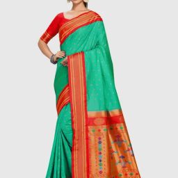 Varkala Silk Sarees Green & Red Silk Woven Saree With Unstitched Blouse-picture-24
