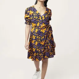 People by Pantaloons Mustard & Purple Printed A-Line Dress-picture-21
