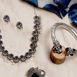 TEEJH Oxidised Silver-Toned & Black Stone-Studded & Beaded Jewellery Set-89