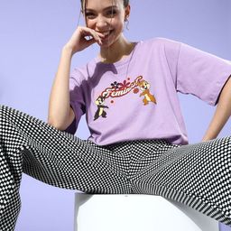 Kook N Keech Disney Women Elegant Lavender Oversized Graphic Joyful Conversation Tshirt-image-57