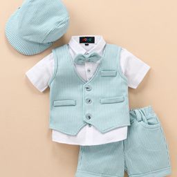 Robo Fry Cotton Knit Half Sleeves Striped Party Suit with Bow Tie & Cap - Blue-image-99