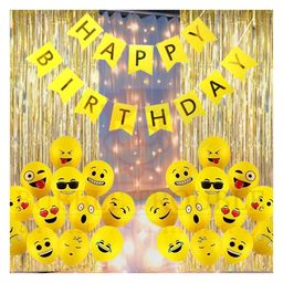 Happy Birthday Decoration Kit Combo Set Emoji Smiley Balloons Fairy LED Light Foil Curtains Banner Girls Boys Kid Yellow Gold  - Pack Of 54-image-58