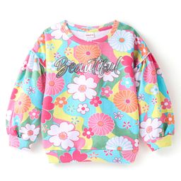 Babyhug Cotton Knit Balloon Sleeves Sweatshirt With Floral Print & Frill Detailing - Multicolour-image-55