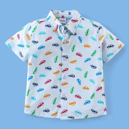 Babyhug 100% Cotton Half Sleeves Regular Collar Cars Print Shirt - Blue-image-64