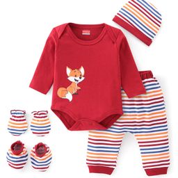 Babyhug 100% Cotton Interlock Knit Full Sleeves Onesies With Leggings Cap & Mittens Booties Stripes & Fox Print - Red-image-81