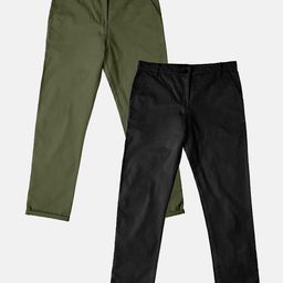 Kiddopanti Pack Of 2 Solid Pants  - Military Green & Black-image-20