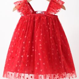 Kookie Kids Singlet Sleeves Frock With Heart Print -Red-image-55