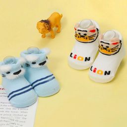 Yellow Bee Pack Of 2 Animal Designed Anti Skid Socks - White & Blue-image-66