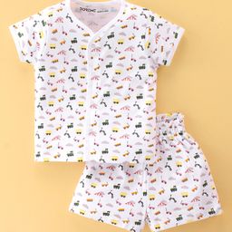 Doreme Single Jersey Half Sleeves Night Suit With Van Print -White-image-26