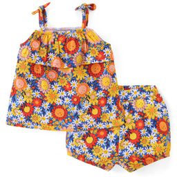 Babyhug 100% Cotton Knit Sleeveless Layered Top & Shorts Set with Floral Print - Multicolor-image-28