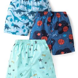 Babyhug Cotton Woven Boxer With Dino & Basketball Print Pack Of 3 - Blue-image-53