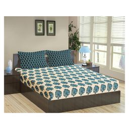 Trance Home Linen Soft Pure Cotton Double Queen Flat Bedsheet with 2 Pillow Cover- Damask & Dori Blue-image-58