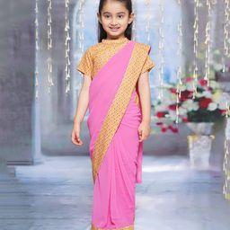Little Bansi Half Sleeves Floral Printed Coordinating Ready To Wear Blouse & Saree Set - Lavender Pink-image-23