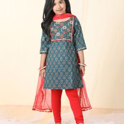 Kinder Kids Three Fourth Sleeves Floral Printed & Gota Lace Embellished Kurta Leggings & Dupatta Set - Blue & Red-image-5
