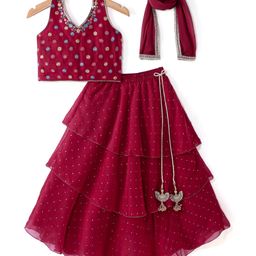 Babyhug Woven Sleeveless Halterneck Embroidered Choli With Foil Print Layered Lehenga & Dupatta Set - Hot Pink-image-71