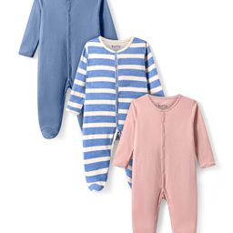Bonfino Cotton Knit Full Sleeves Solid & Striped Sleep Suits Pack of 3 - Blue White & Peach-image-83